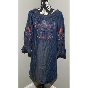 Philosophy Floral Off Shoulder Embroidered Peasant Denim Dress Boho Med